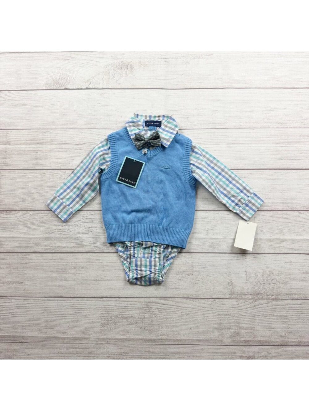 Andy & Evan Baby Blue Sweater Vest Plaid Bodysuit Outfit Bow Tie NWT 9-12 Months